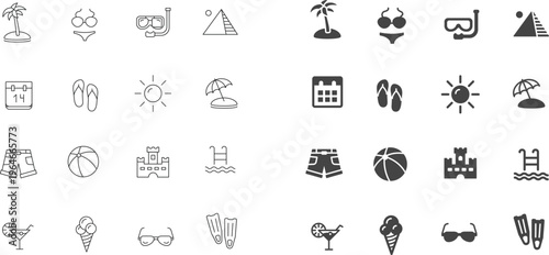 32 Modern Summer Vacation and Beach Holiday Icon Set Featuring Outline and Solid Glyph Styles for Travel Vector Design