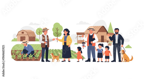 Flat Illustration of a Lively Farming Community and Sustainable Agriculture in a Rural Village