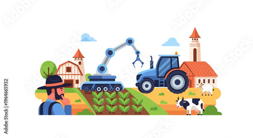 Smart Farming Future: Farmer, Robot & Tractor Revolutionizing Modern Agriculture