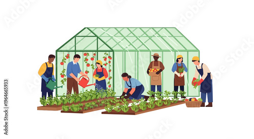 Diverse Gardeners Cultivating Fresh Produce in a Greenhouse and Outdoor Beds - Sustainable Community Farming Concept