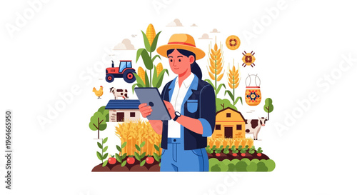 Smart Farming: Female Farmer Using Tablet for Digital Agriculture Management, Surrounded by Crops, Livestock, and Farm Equipment