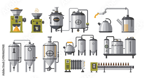 Brewery Beer Production Process Icons Set - Industrial Brewing Equipment, Fermentation Tanks & Bottling Line Flat Design