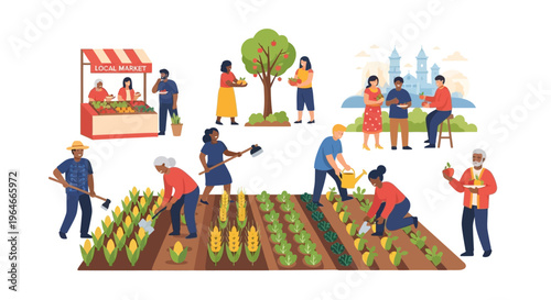 Diverse Community Engaged in Sustainable Agriculture, Cultivating and Selling Fresh Produce at a Local Market. Farm-to-Table Illustration.