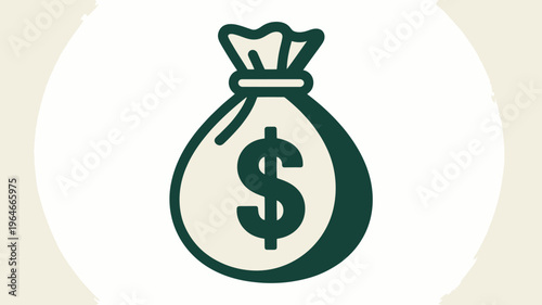 Minimalist money bag icon with dollar sign, dark green financial sack vector illustration, banking and wealth symbol on cream background