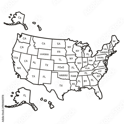 Simple outline map of the united states with state abbreviations
