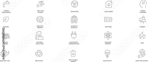 20 Modern Minimalist Ecology and Green Energy Line Icon Set Featuring Sustainable Environment and Renewable Power Vector Symbols