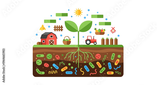 Sustainable Agriculture Ecosystem: Healthy Soil Microorganisms Nurturing Plant Growth on a Farm with Barn, Tractor, and Crops