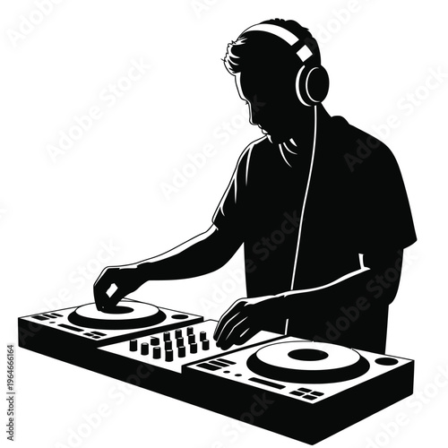Silhouette of a dj mixing music on a turntable setup
