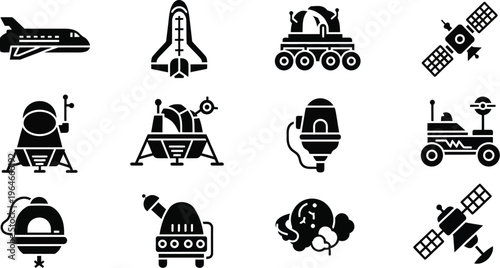 Space exploration crafts with space shuttle, a lunar lander, a rover, and satellites. 