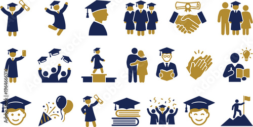 Collection of graduation celebration icons illustrating academic achievement success and commencement milestones.