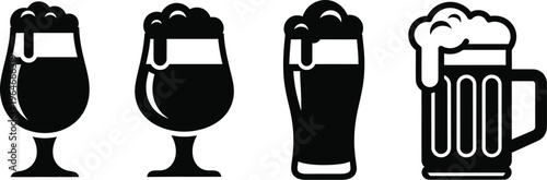 Collection of beer glass icons pint glasses, mugs, lager, stout, pilsner glasses, and goblets for bar menus or brewery marketing. 