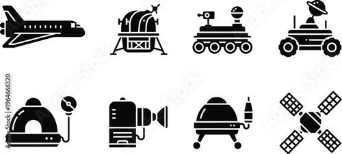 Space exploration crafts with space shuttle, a lunar lander, a rover, and satellites. 