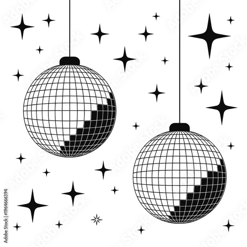 Two disco balls hang amidst scattered stylized star shapes in black and white