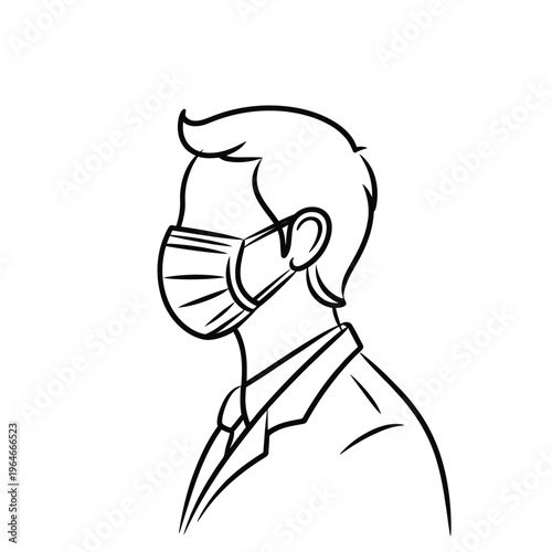 Line drawing depicting a man in a suit wearing a surgical mask