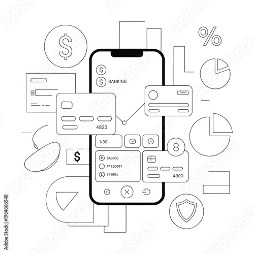 Mobile banking concept with financial data and security elements illustrated