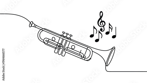 Trumpet line art illustration with musical notes minimal outline instrument music concept jazz performance sound modern clean vector design