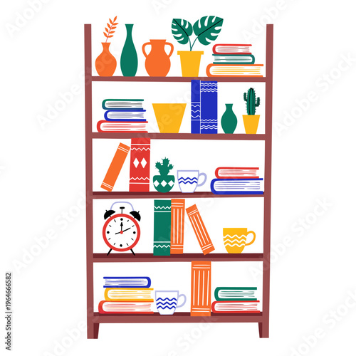 A colorful illustration of a wooden bookshelf filled with books, plants, and decorative objects