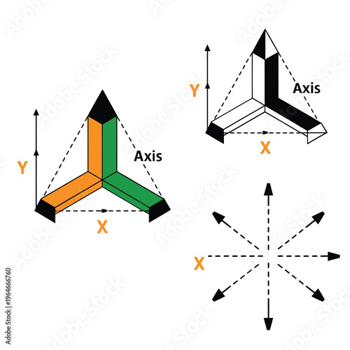 Geometric illustration of three dimensional axes and intersecting triangular prisms
