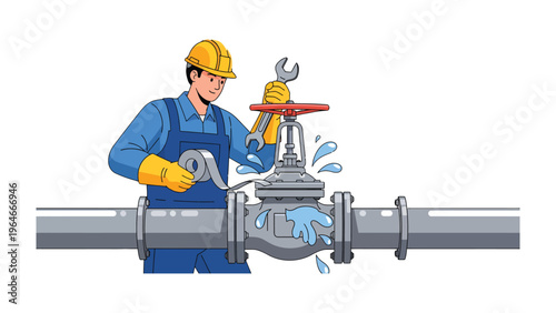 Plumbing Repair: A skilled plumber addresses a water pipe issue, demonstrating expertise in fixing leaks, using a wrench and safety gear amidst water flow, and ensuring safe water systems.