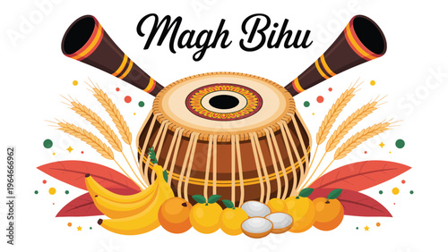 Magh Bihu festival illustration with traditional dhol drum pepa instruments harvest fruits cultural celebration assam india concept colorful modern vector