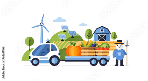 Smart Farming and Sustainable Agriculture: Autonomous Vehicle, Farmer, Fresh Produce, Renewable Energy