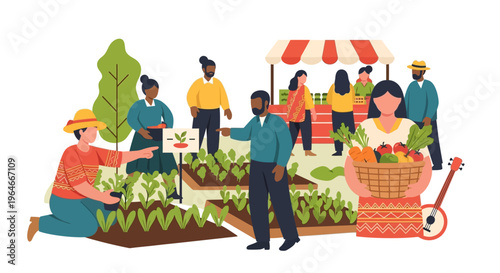 Diverse Community Garden and Farmers Market Scene with People Harvesting and Selling Fresh Produce
