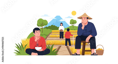 Asian Farmers Contemplating Harvest Challenges in Paddy Fields - Rural Livelihoods and Agricultural Concerns