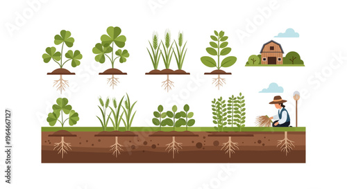 Agricultural Crop Cultivation Stages: Diverse Plants with Visible Root Systems, Farmer Harvesting & Rustic Barn