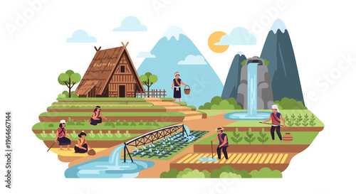 Traditional Rice Farming Village Landscape with Farmers, Terraced Fields, Mountain Backdrop, and Waterfall. Rural Asian Agricultural Community Illustration.