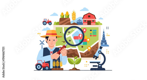 Smart Farming & Agricultural Technology: Farmer Analyzing Field Data with Map, Microscope, and Tractor for Precision Agriculture
