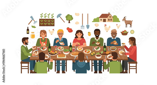 Diverse Community Enjoying Farm-to-Table Dinner with Fresh Organic Food and Agricultural Icons, Promoting Sustainable Living