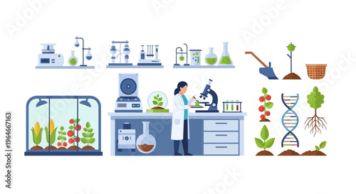 Plant Biotechnology, Genetic Engineering & Agriculture Research Vector Illustrations Set