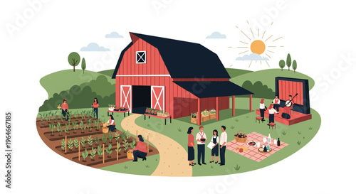 Vibrant Farm Day: People Harvesting, Shopping at Market Stalls, Picnicking, and Enjoying Live Music