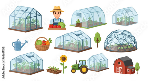 Greenhouse Farming and Gardening Flat Vector Icon Set with Farmer and Organic Produce