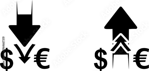 Arrow dollar euro icon set. Сost reduction and growth business icons. Up and down arrow symbol, sign. Vector illustration.
