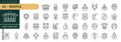 A collection of People icons set with editable stroke, including team, community, friends, population, group, family, human. Thin linear vector illustration.