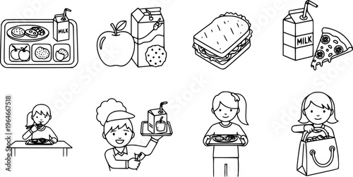 Black and white school lunch icons set featuring food and students
