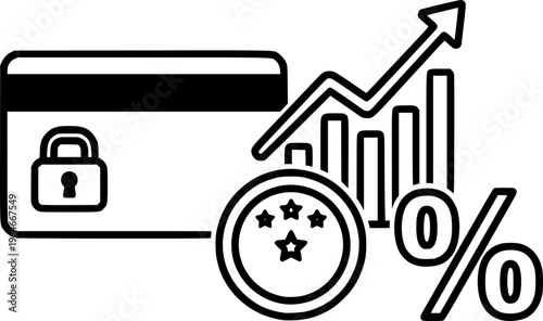 Credit score concepts: finance icons featuring card, lock, graph, rating, and percentage symbols
