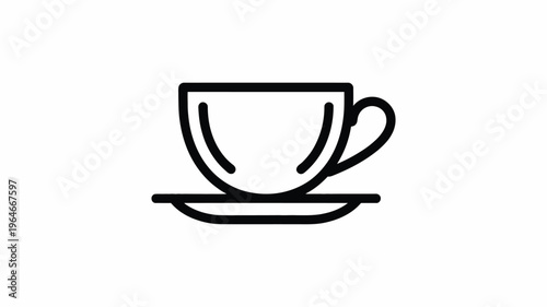 Minimalist coffee cup icon vector, black line art tea cup on saucer, simple cafe beverage symbol for menu design and web interface
