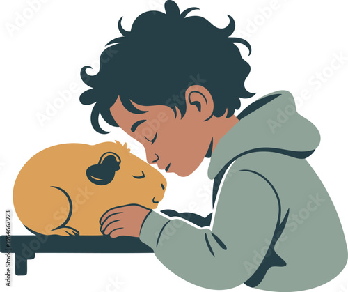 Heartwarming Vector of a Little Boy Gently Touching Noses with a Cute Hamster – Sweet Concept of Childhood Friendship, Pet Care, and Kindness Toward Animals Illustration.