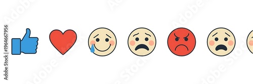 A Row Of Facebook Style Reaction Icons On White.