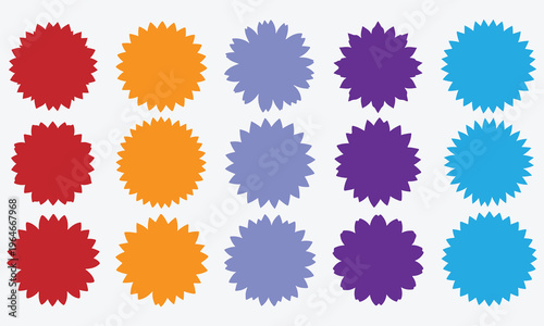 A collection of fifteen vibrant sunburst stickers arranged in a neat grid for graphic design use Vector