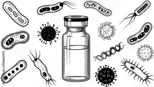 microorganisms and vaccine vial illustrations
