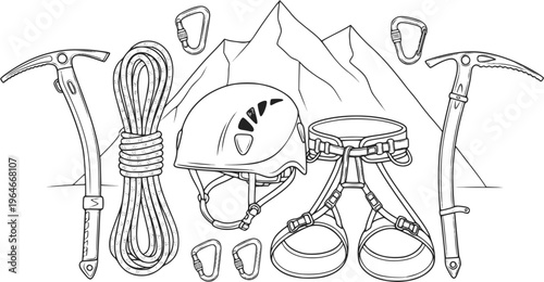 Climbing gear set with helmet, rope, harness, ice axe, carabiner, and mountain
