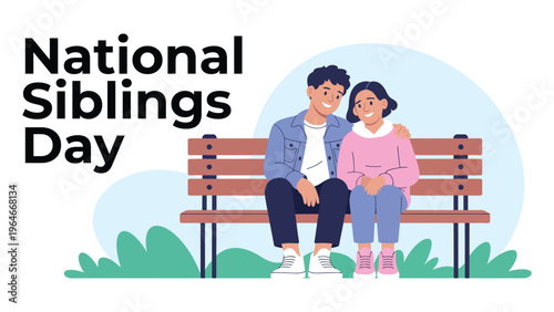 National Siblings Day illustration with brother and sister sitting on bench bonding family love relationship concept children celebration modern flat vector