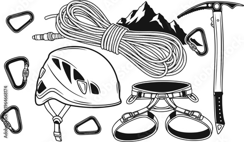 Climbing gear set with helmet, rope, harness, ice axe, carabiner, and mountain
