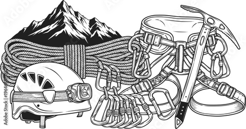Climbing gear set with helmet, rope, harness, ice axe, carabiner, and mountain

