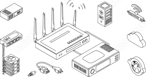 Variety of internet network devices including router and modem isometric icons
