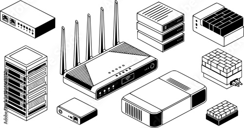 Variety of internet network devices including router and modem isometric icons
