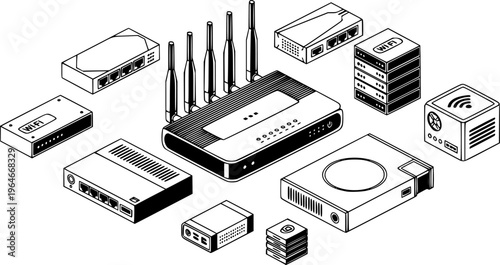 Variety of internet network devices including router and modem isometric icons
